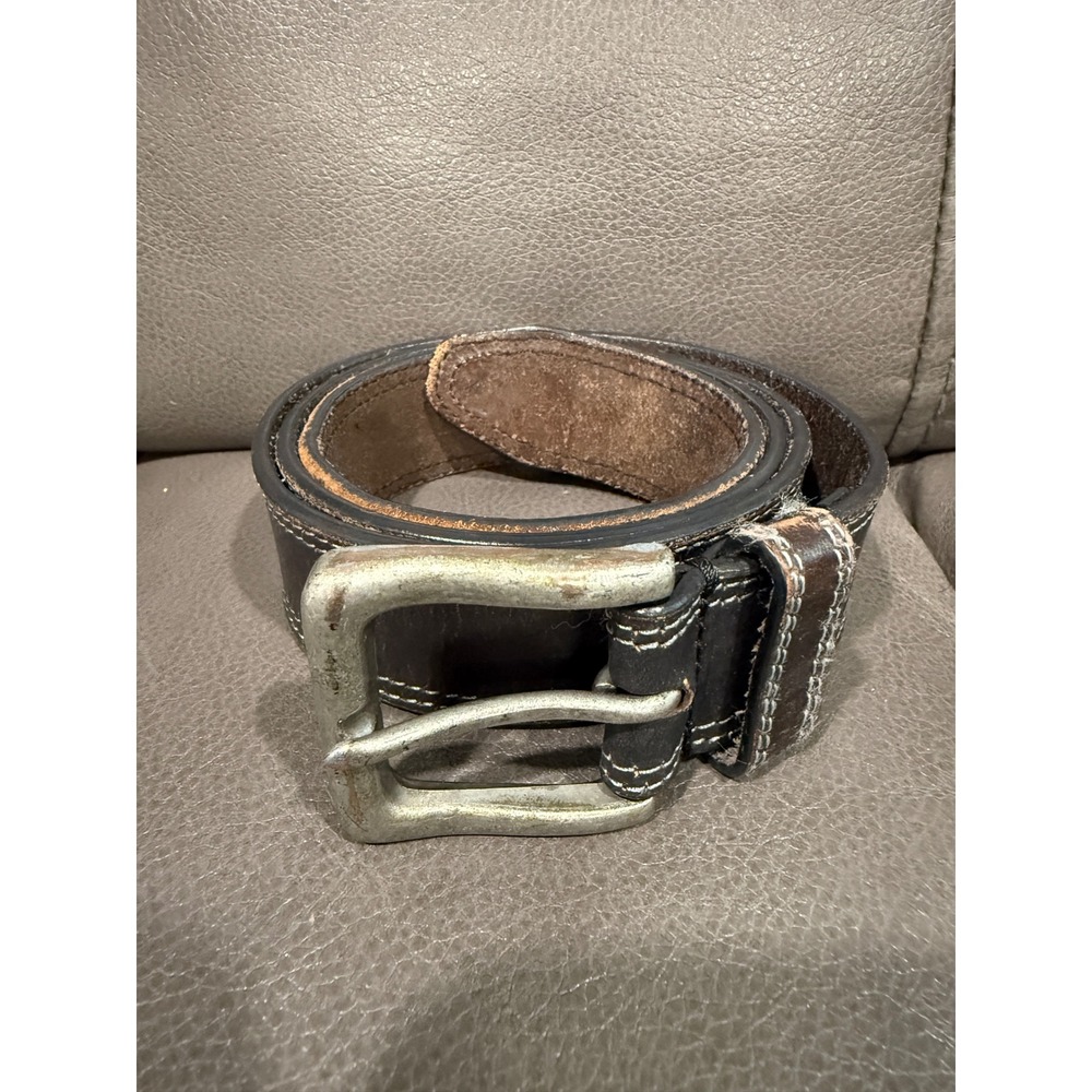 Timberland Mens 36 Dark Brown Genuine Leather Belt Contrast Stitch Silver Buckle